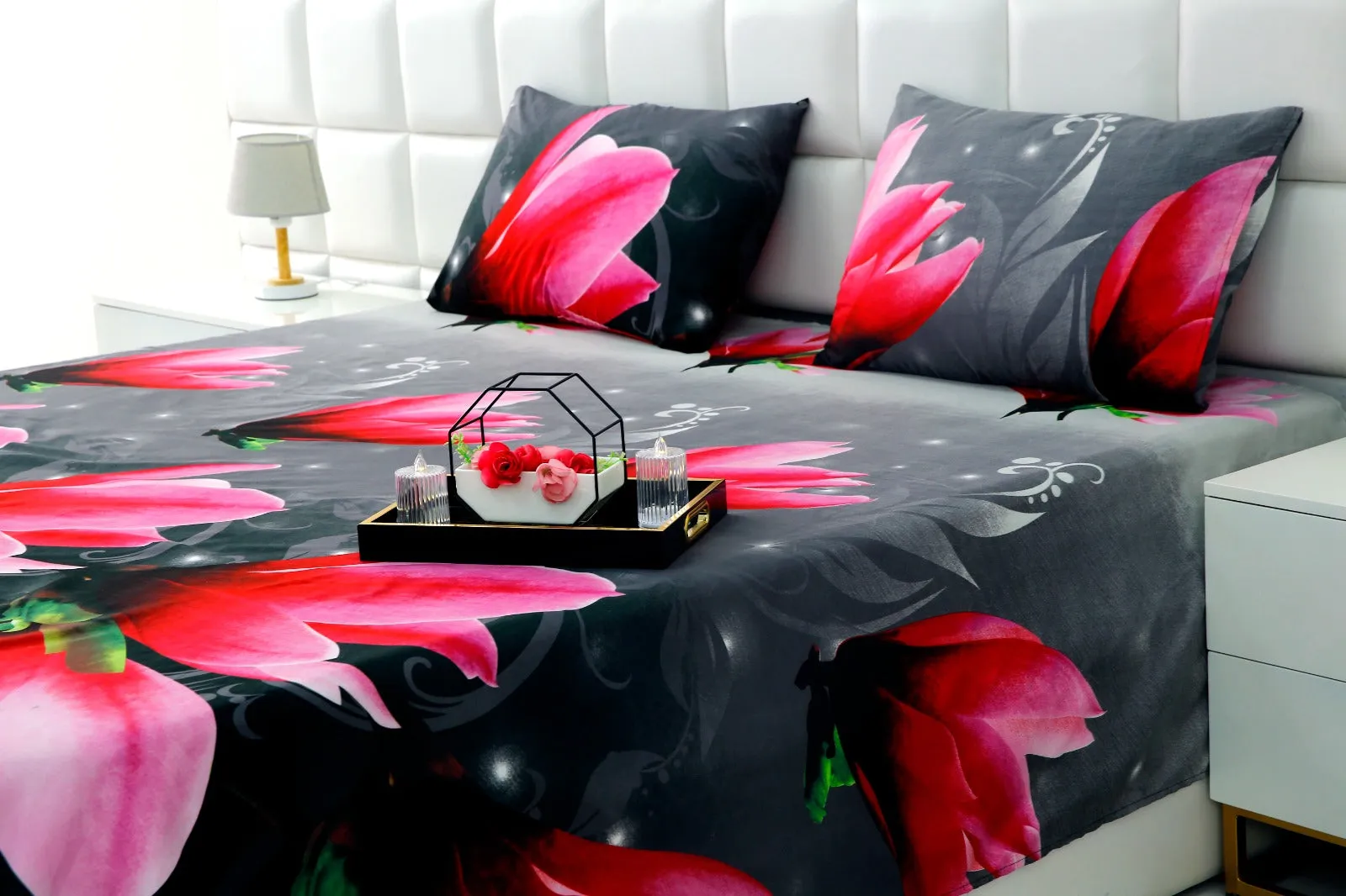 3 PCs Double Bed Sheet -Pink Lotus