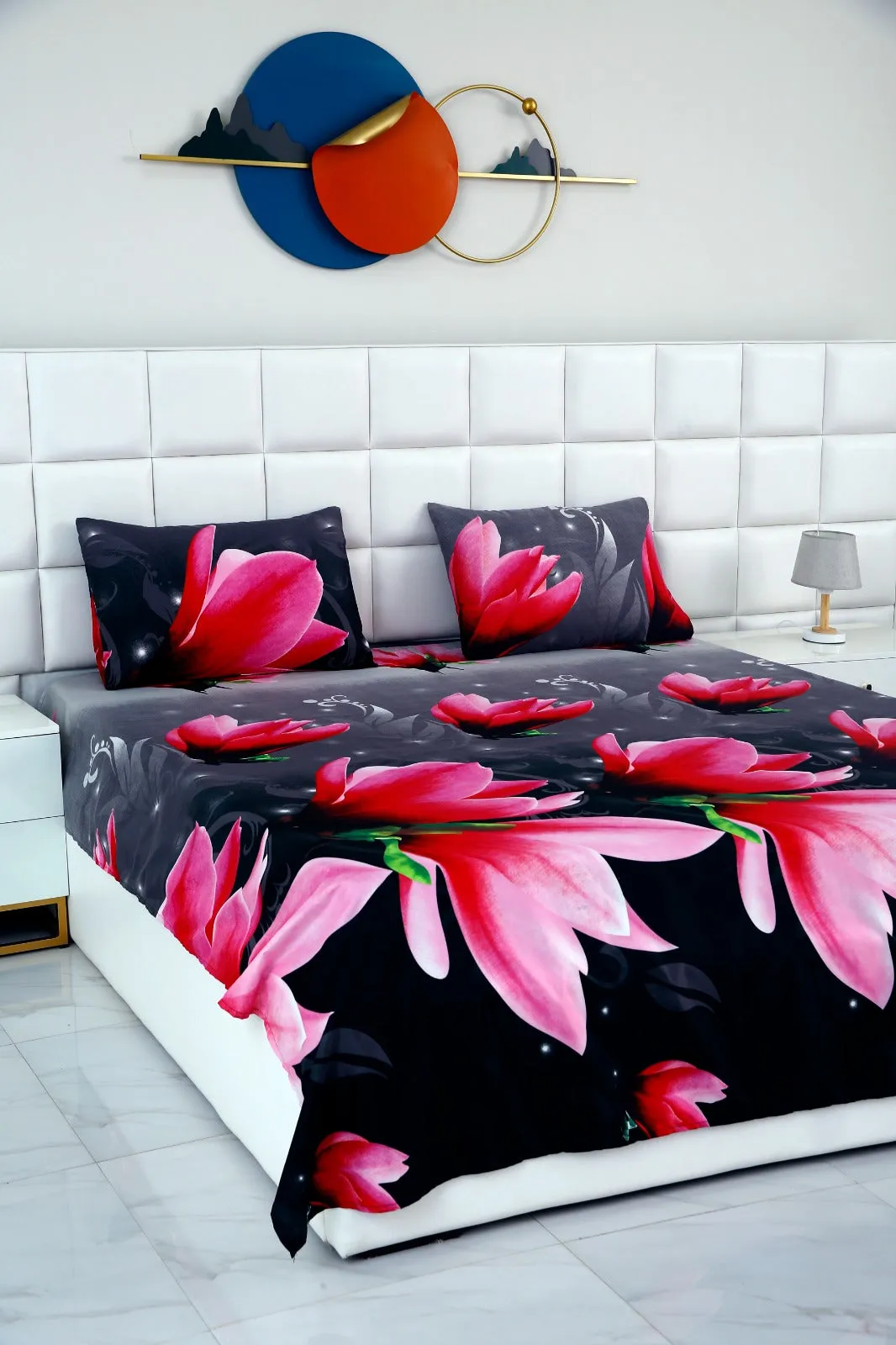 3 PCs Double Bed Sheet -Pink Lotus