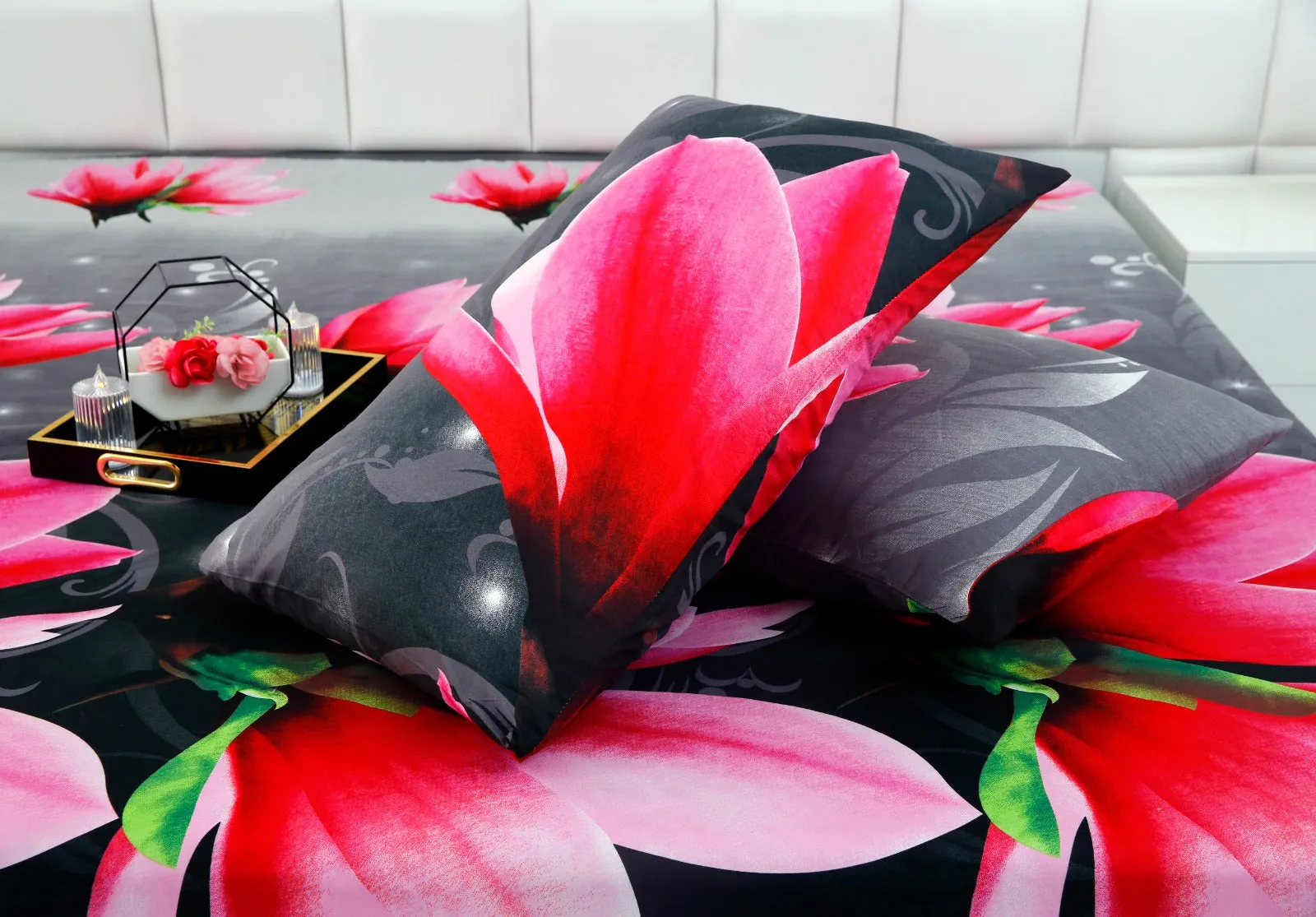 3 PCs Double Bed Sheet -Pink Lotus