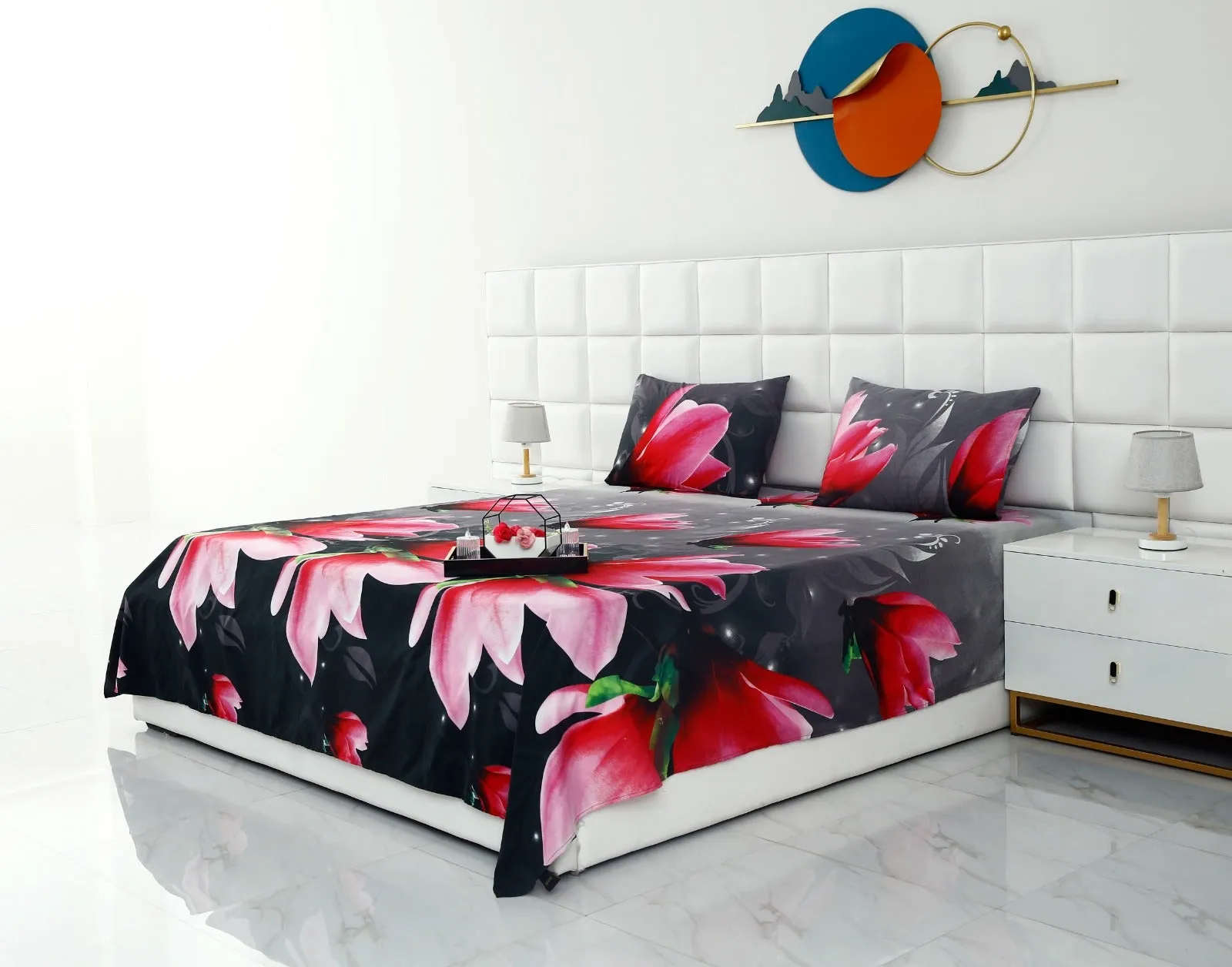 3 PCs Double Bed Sheet -Pink Lotus