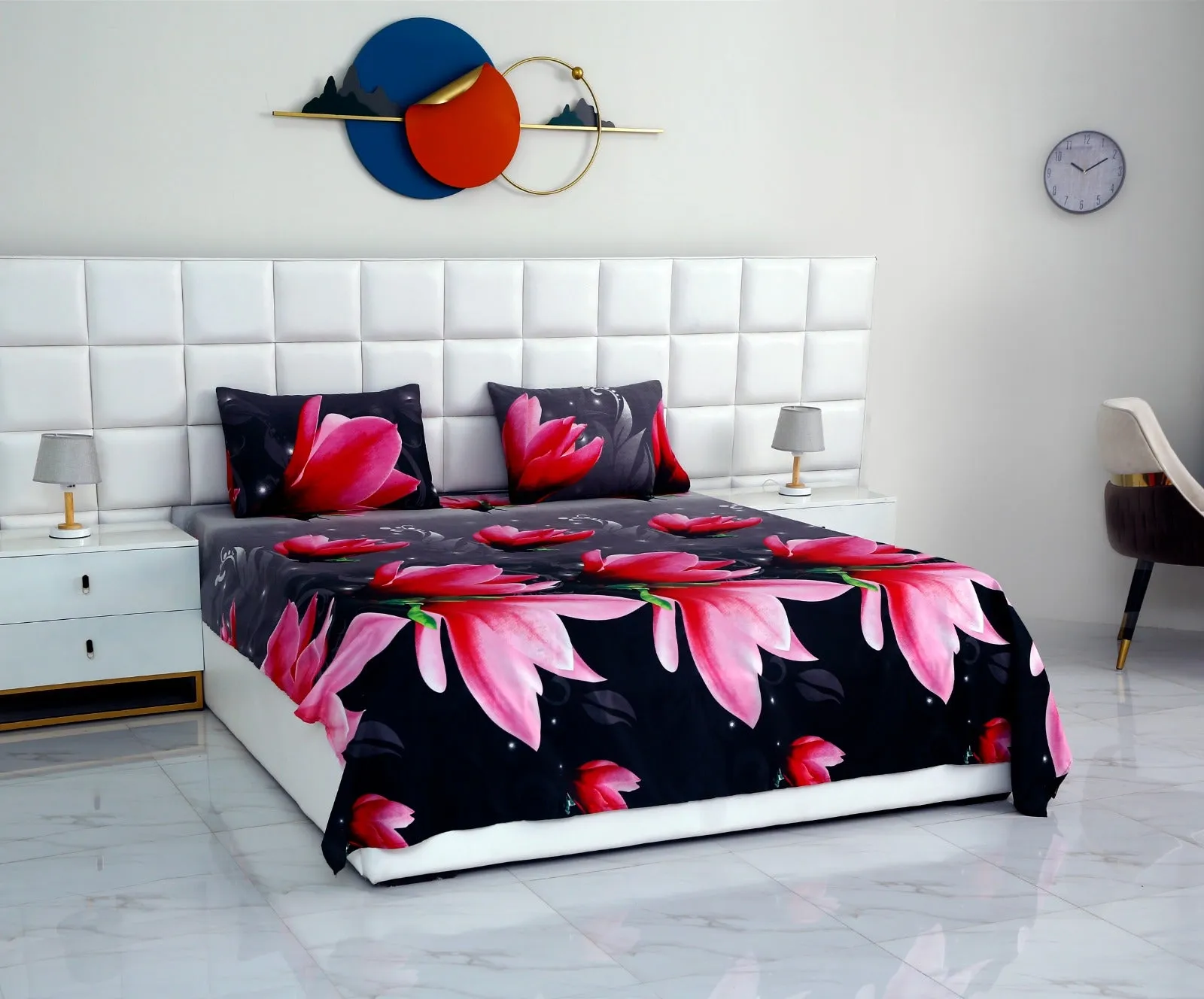 3 PCs Double Bed Sheet -Pink Lotus