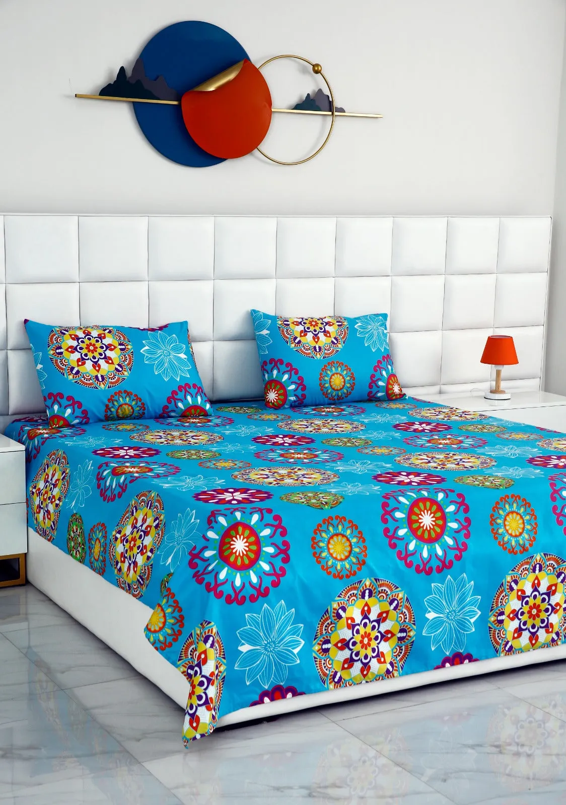 3 PCs Double Bed Sheet -Turquoise  Flower