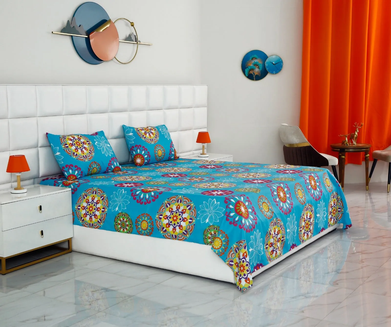 3 PCs Double Bed Sheet -Turquoise  Flower