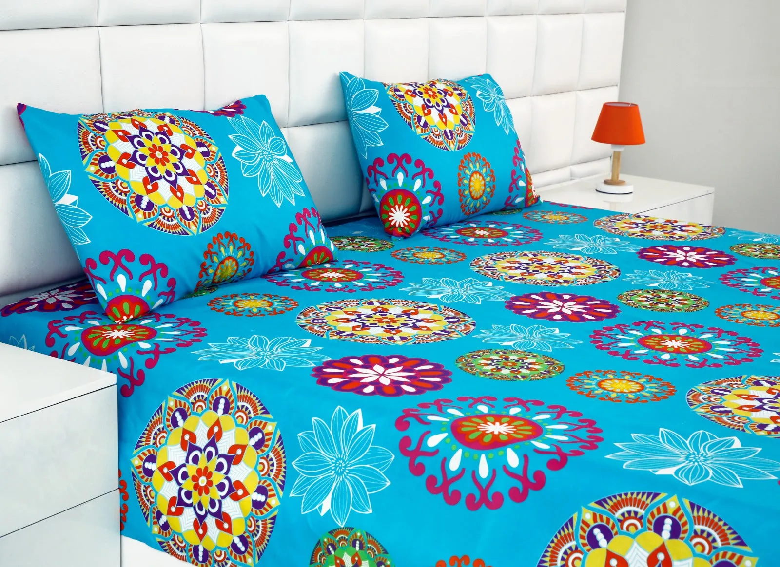 3 PCs Double Bed Sheet -Turquoise  Flower