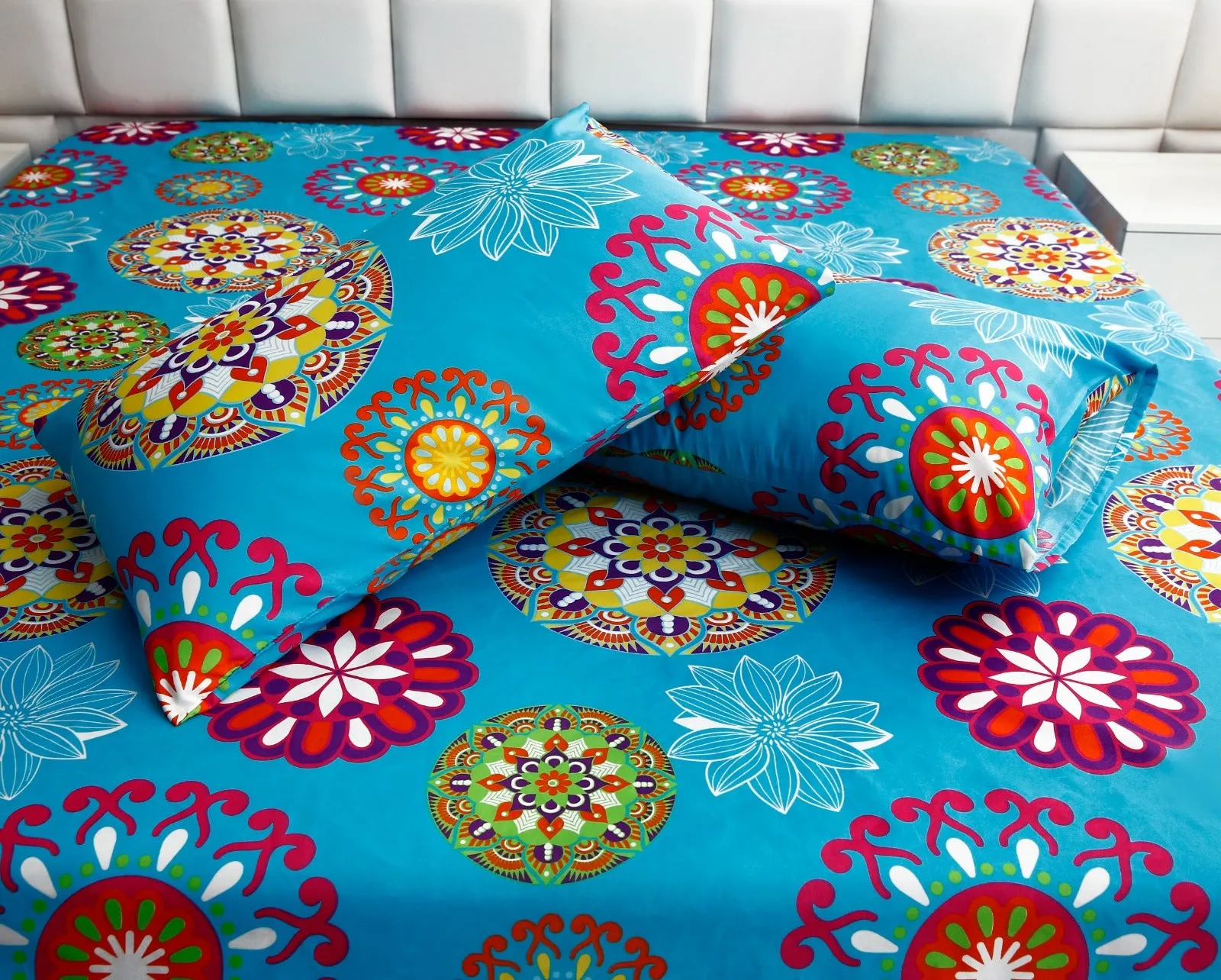 3 PCs Double Bed Sheet -Turquoise  Flower