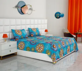 3 PCs Double Bed Sheet -Turquoise  Flower