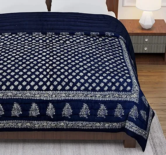 AKARSHAK 400 GSM Rajasthani Traditional Jaipuri Hand Block Print, Summer and Winter Cotton Double Bed Quilt Razai - King Size - (Blue DAI, Double Bad)