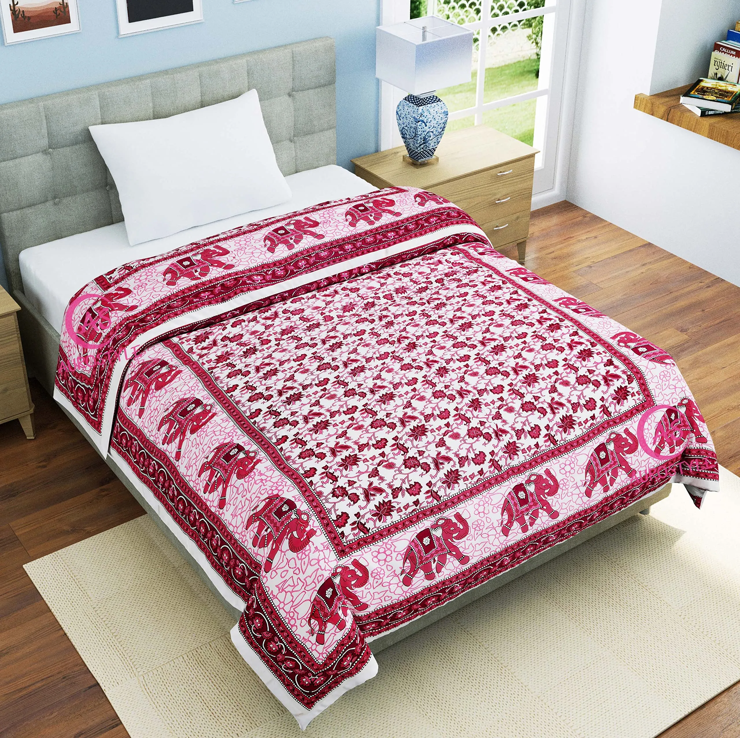 AUROSTYLE 400 TC Pure Cotton Light Weight Traditional Jaipuri Design Printed Single Bed Quilt/Razai/Rajai (Design 15)