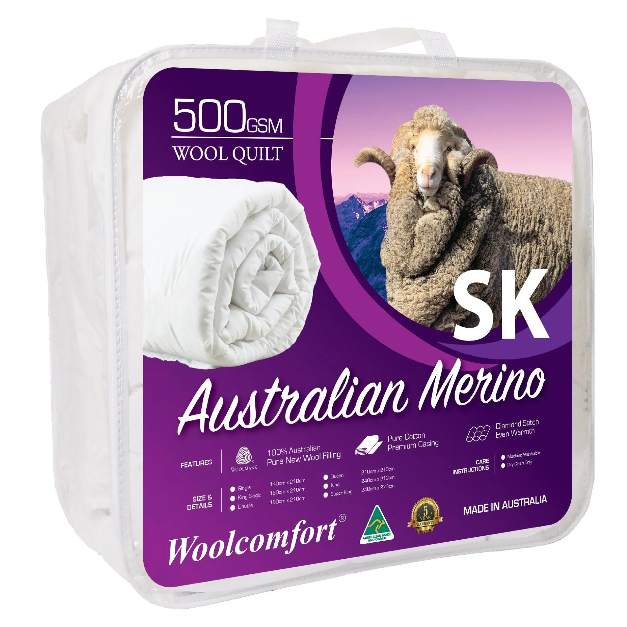 Australian Made Merino Wool Quilt 500GSM 270x240cm Super King Size