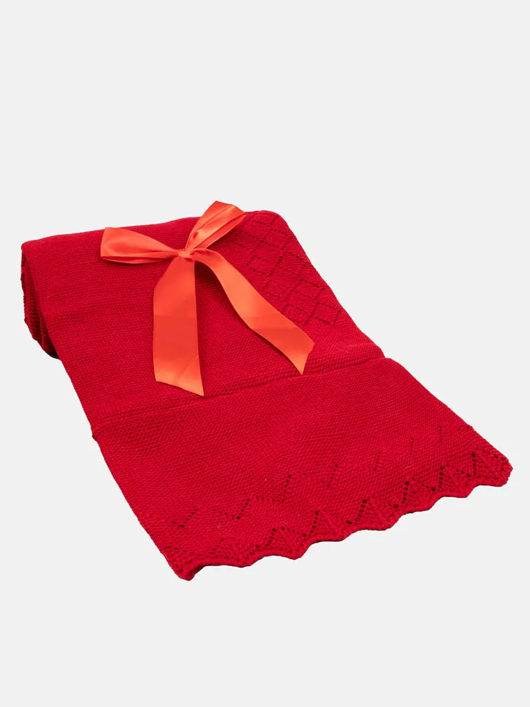 Baby Diamond Knitted Spanish Blanket with Satin Bow-Red