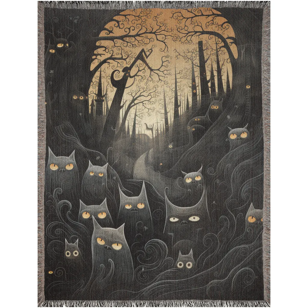 Black Cat Moon Woven Blanket