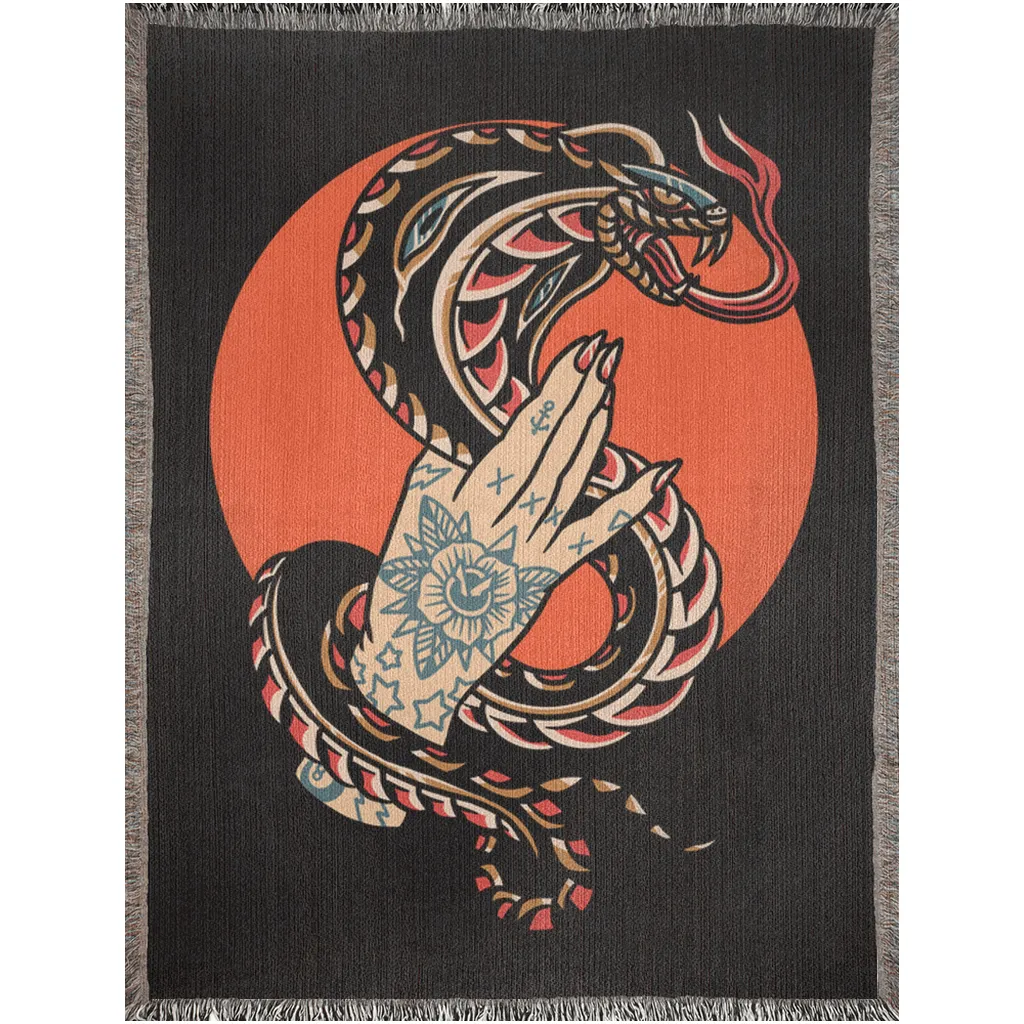 Black Cobra Traditional Tattoo Style Woven Fringe Blanket / / Wall tapestry, throw for sofa, maximalist decor, tattoo home decor