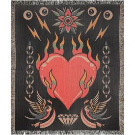 Bleeding Heart Traditional Tattoo Style Woven Fringe Blanket / / Wall tapestry or throw for sofa, maximalist decor,  tattoo home decor