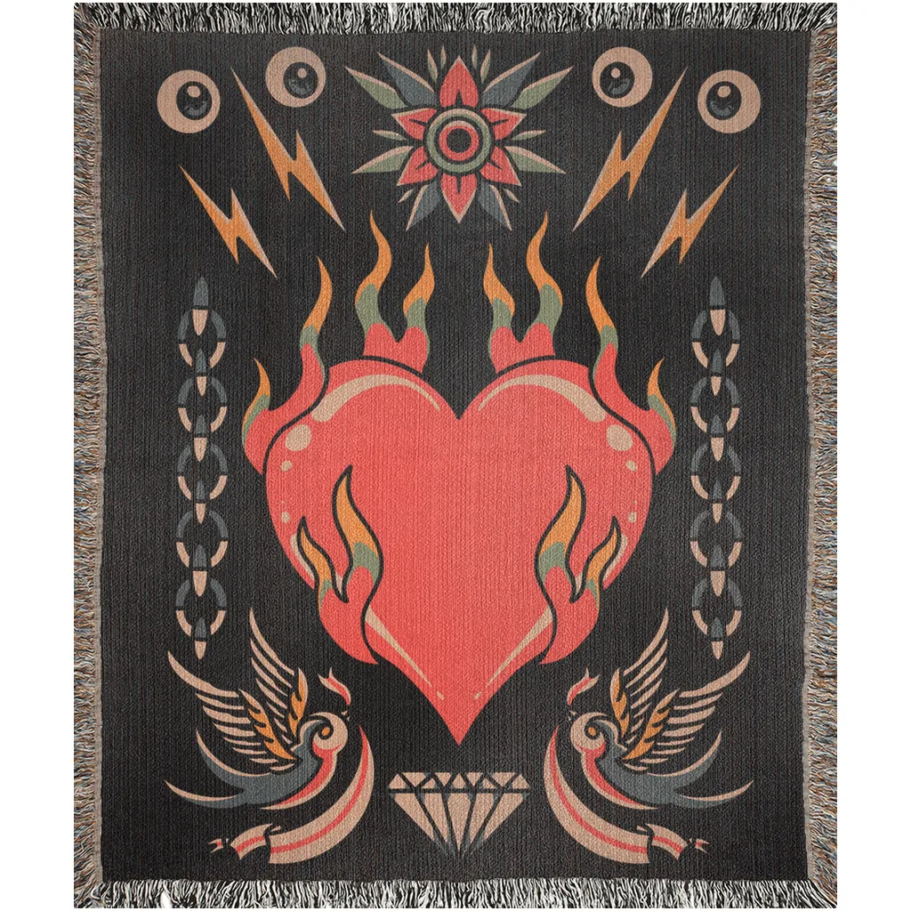 Bleeding Heart Traditional Tattoo Style Woven Fringe Blanket / / Wall tapestry or throw for sofa, maximalist decor,  tattoo home decor