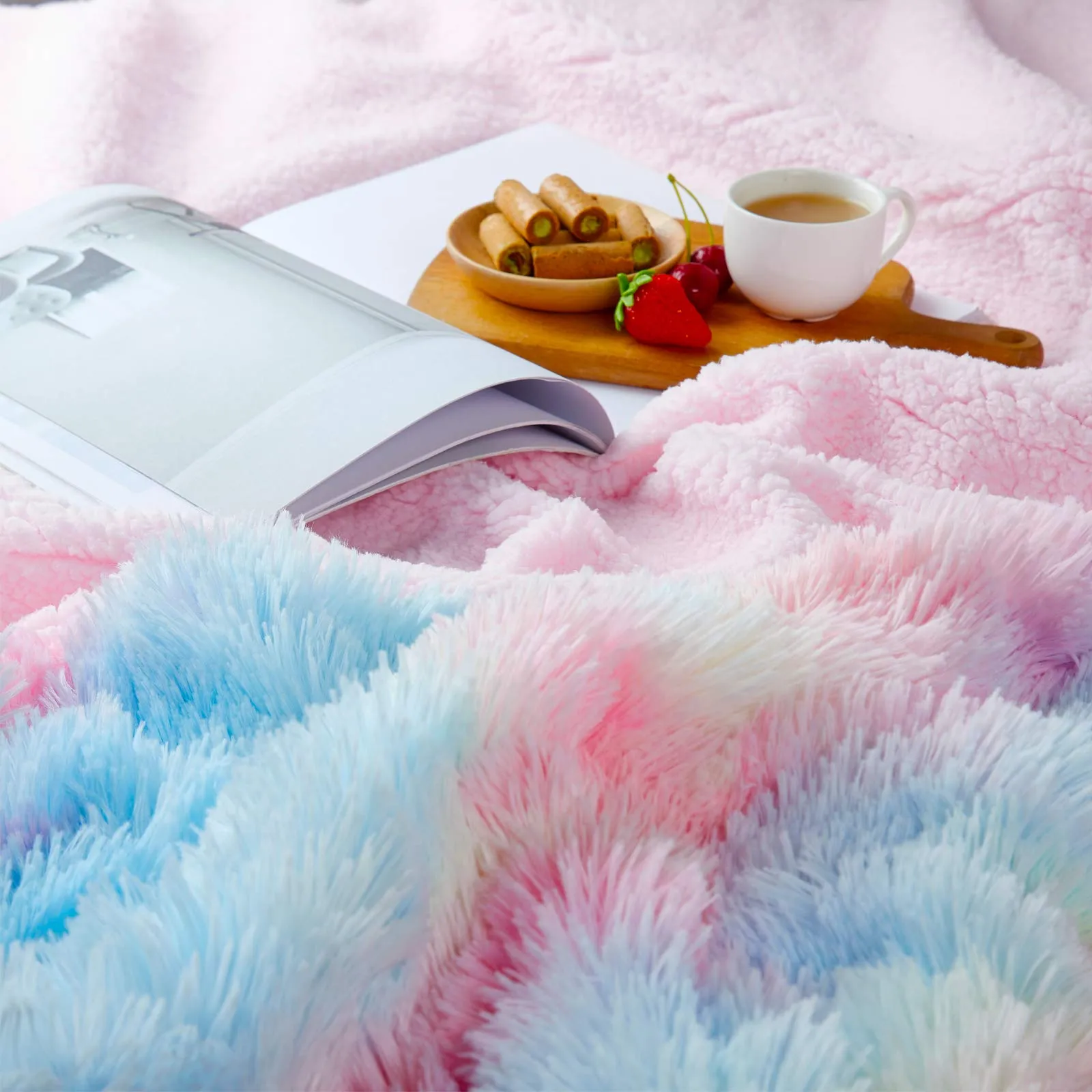 BOBOR Super Soft Faux Fur Shaggy Long Hair Reversible Sherpa Fleece Microfiber, Fuzzy, Lightweight, Plush, Decorative Throw Blanket (Rainbow, 59 x79 inch)