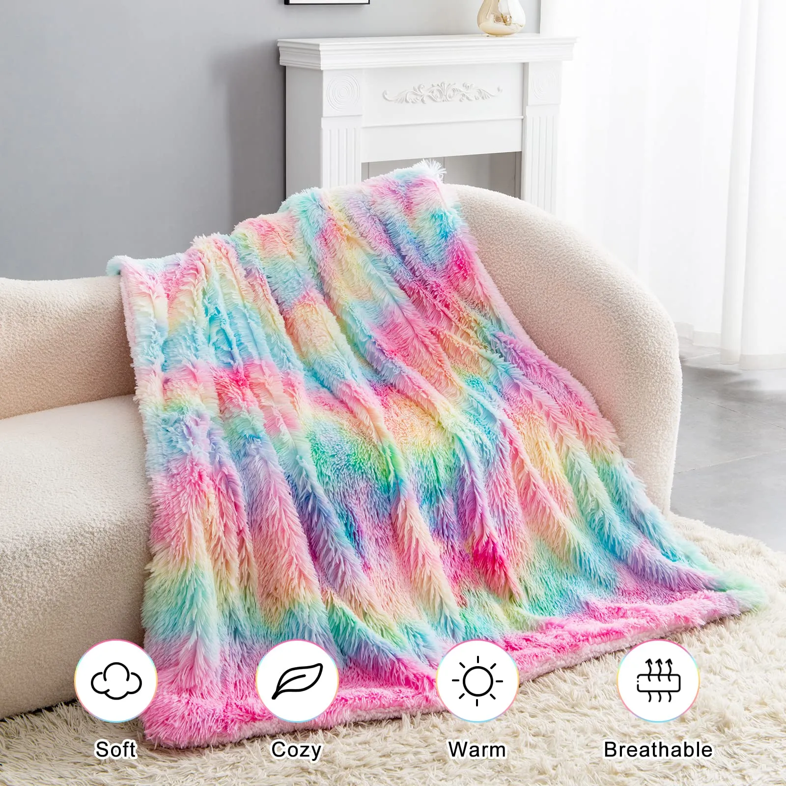 BOBOR Super Soft Faux Fur Shaggy Long Hair Reversible Sherpa Fleece Microfiber, Fuzzy, Lightweight, Plush, Decorative Throw Blanket (Rainbow, 59 x79 inch)