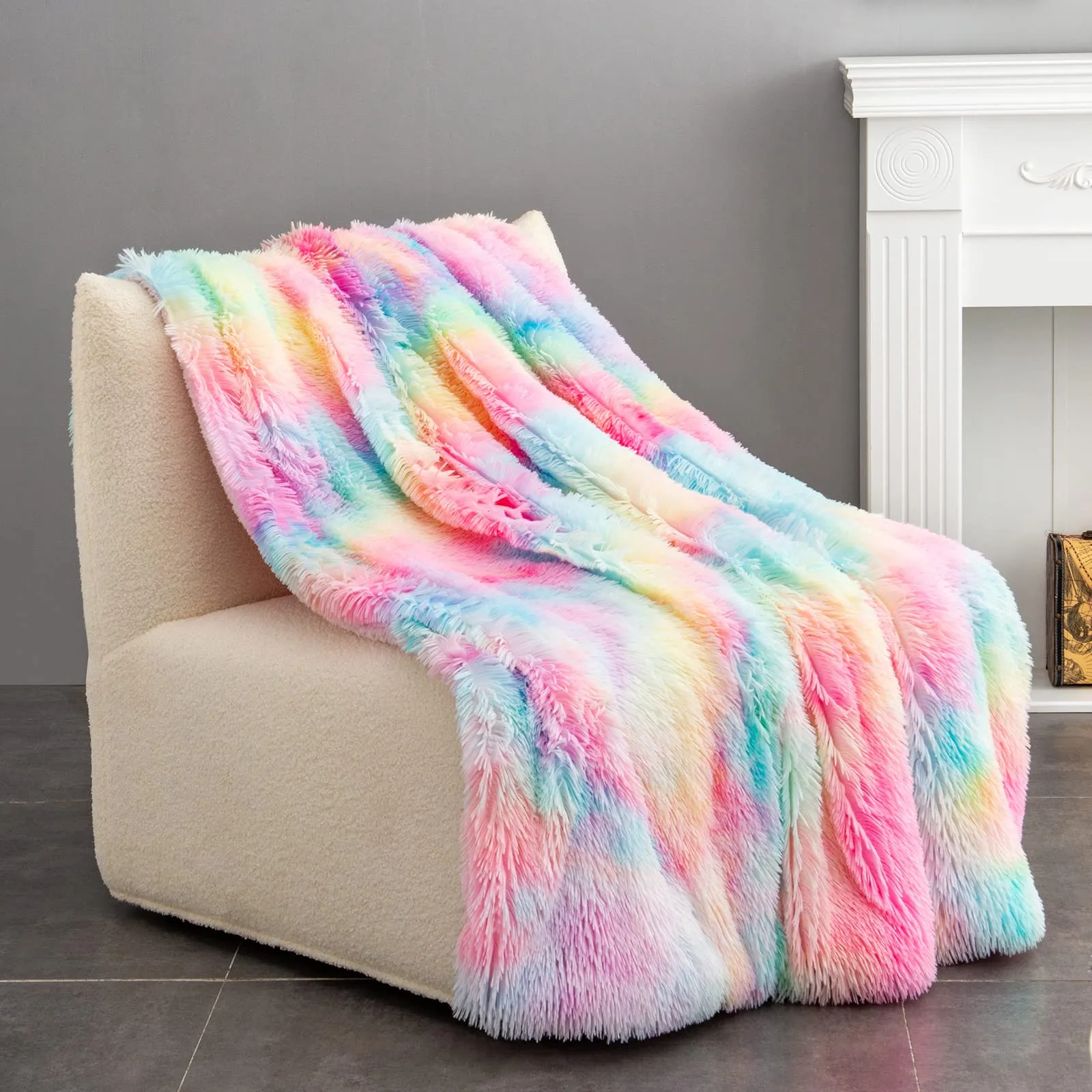 BOBOR Super Soft Faux Fur Shaggy Long Hair Reversible Sherpa Fleece Microfiber, Fuzzy, Lightweight, Plush, Decorative Throw Blanket (Rainbow, 59 x79 inch)