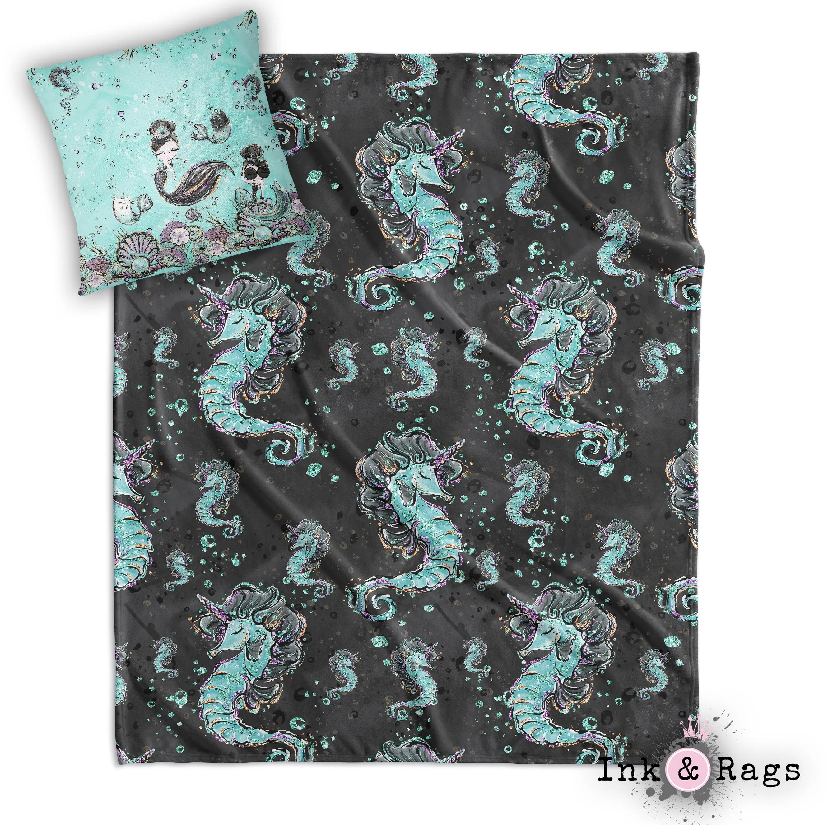 Breakfast At Tiffany Mermaid Seahorse Unicorn Fashion Decorative Throw and Pillow Cover Set