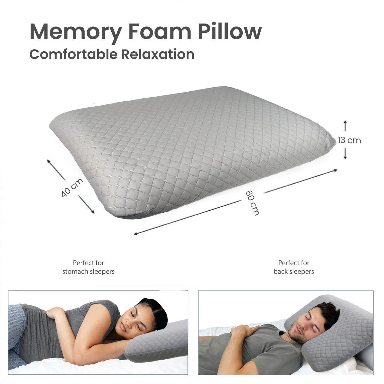 Breathable Memory Foam Pillow 40x60x13cm - Gray