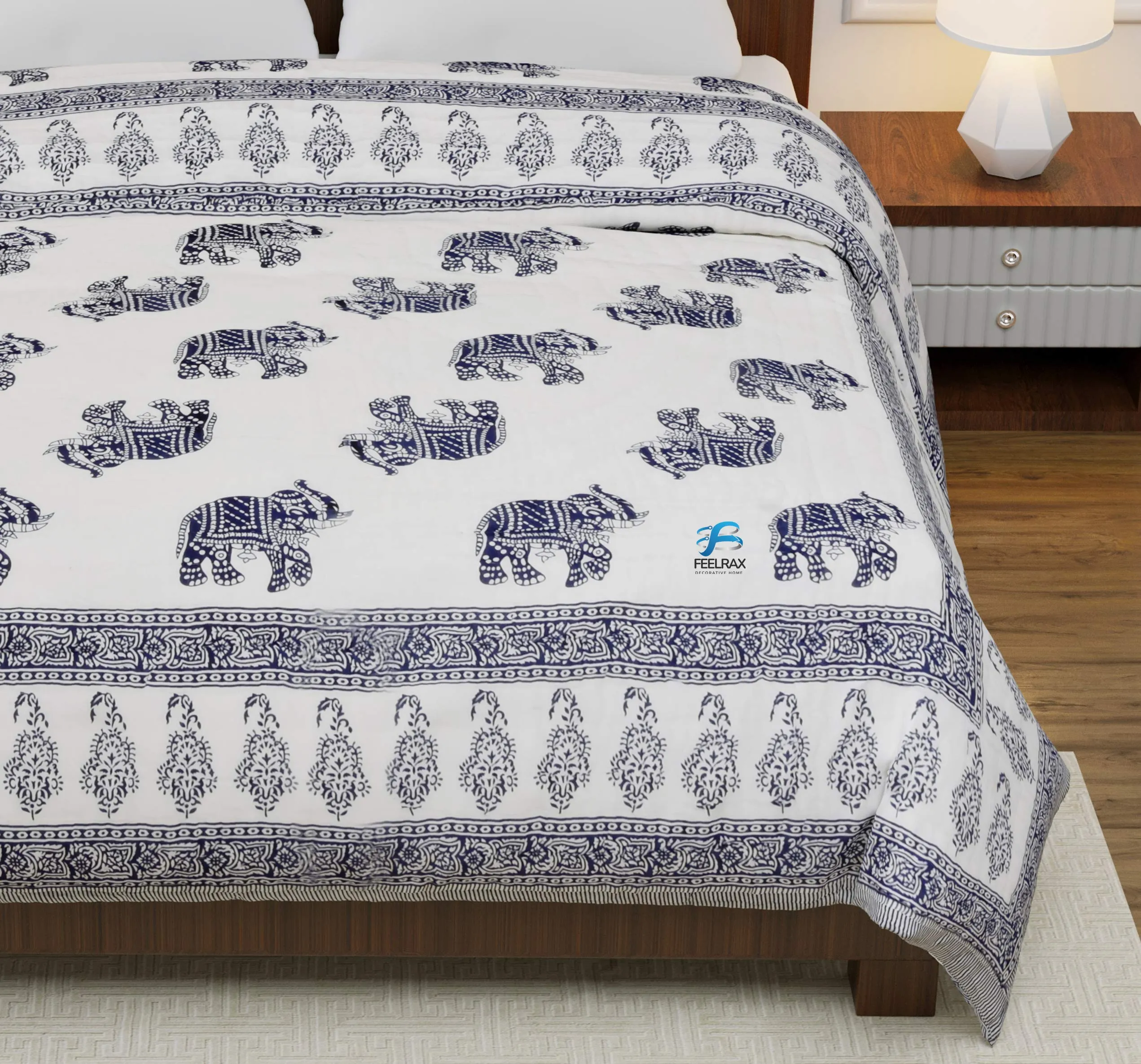 Bruld Original Pure Cotton Jaipuri Razai All-Weather Blue Elephant Print Reversible Double Bed Comforter Light Weight AC Quilt Summer and Winter Bedding | Bedroom | Throw Bed Blanket King Size