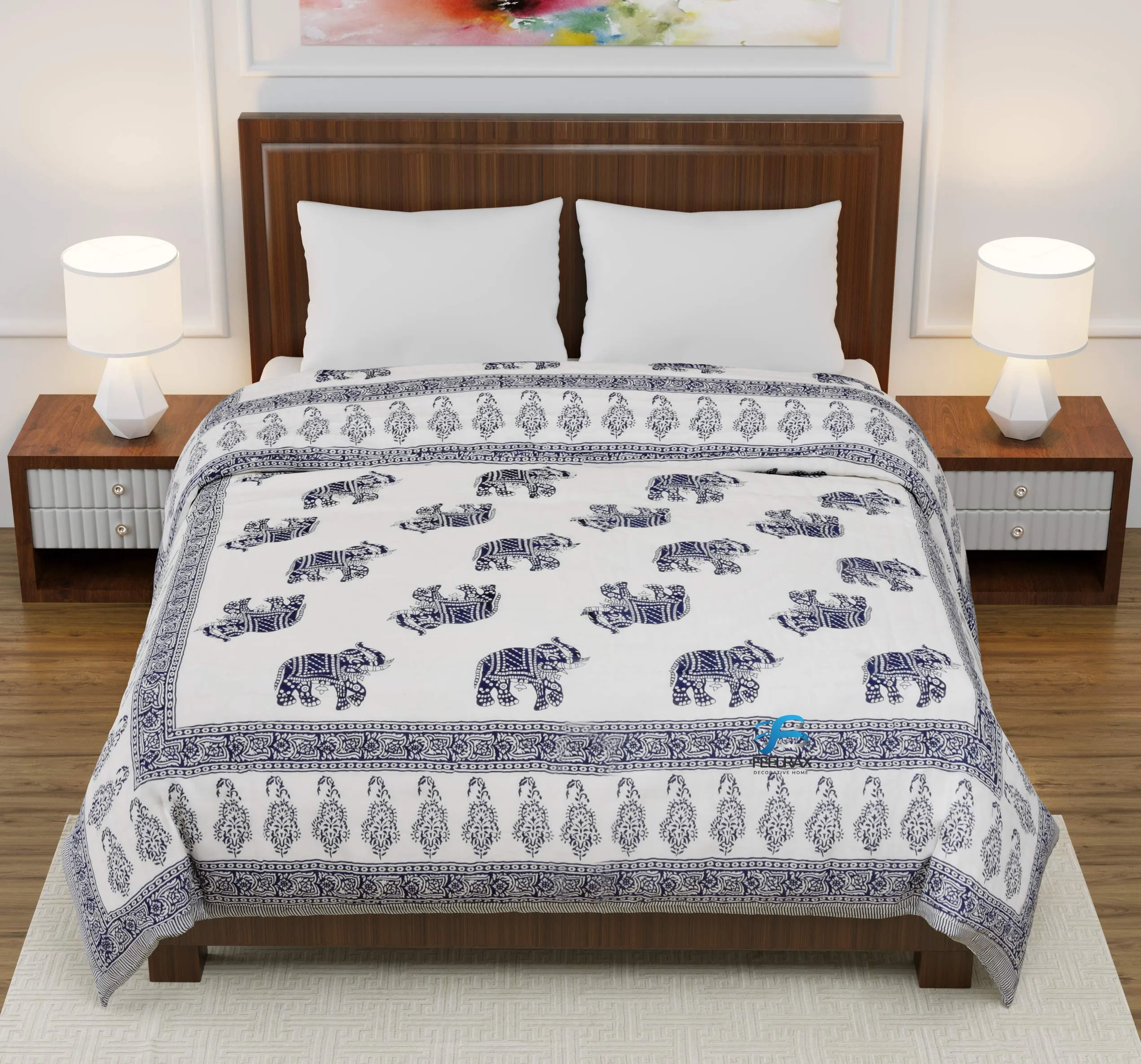 Bruld Original Pure Cotton Jaipuri Razai All-Weather Blue Elephant Print Reversible Double Bed Comforter Light Weight AC Quilt Summer and Winter Bedding | Bedroom | Throw Bed Blanket King Size