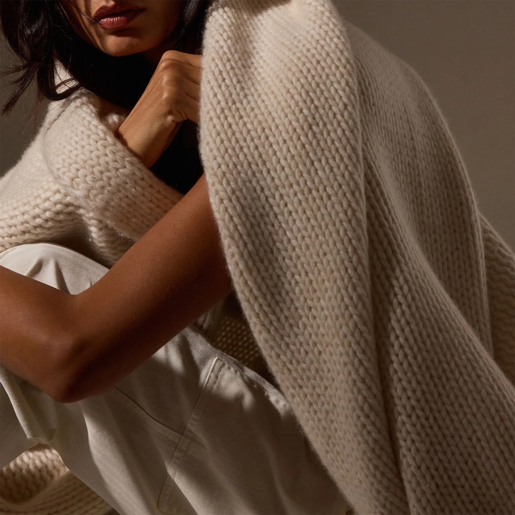 Cashmere Melange Knit Blanket - Ivory Melange