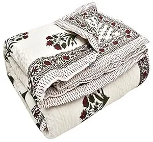 EMIOUR 400 TC Jaipuri Light Weight Pure Cotton Traditional Hand Block Big Flower Print Double Bed Quilt/Razai/Rajai (White & Green, 90 x 105 Inches, Double Bed)