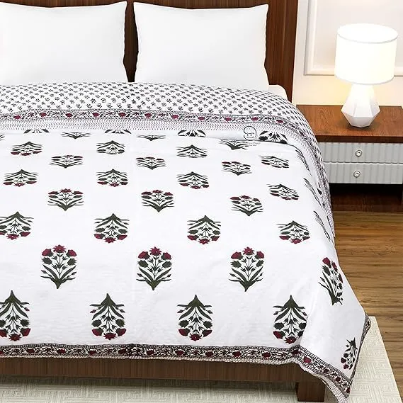 EMIOUR 400 TC Jaipuri Light Weight Pure Cotton Traditional Hand Block Big Flower Print Double Bed Quilt/Razai/Rajai (White & Green, 90 x 105 Inches, Double Bed)