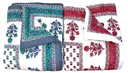 EMIOUR 400 TC Jaipuri Light Weight Pure Cotton Traditional Rajasthani Print Single Bed Quilt/Razai/Rajai (Multicolor, Butti Print, Single Bed Set of 2)