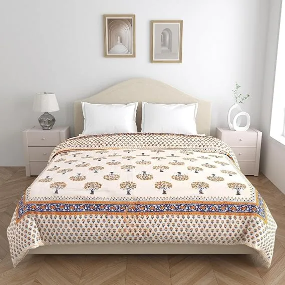 EMIOUR 400 TC Pure Cotton Double Bed Quilt, Jaipuri Light Weight, Big Flower Print, White