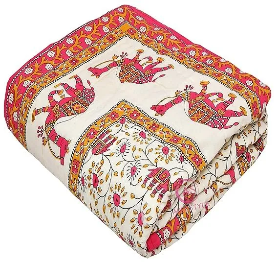 EMIOUR 400 TC Pure Cotton Traditional Jaipuri Design Printed Light Weight Single Bed Quilt/Razai/Rajai - 85 x 55 Inches