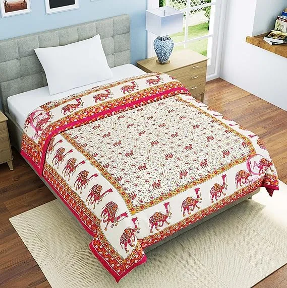 EMIOUR 400 TC Pure Cotton Traditional Jaipuri Design Printed Light Weight Single Bed Quilt/Razai/Rajai - 85 x 55 Inches