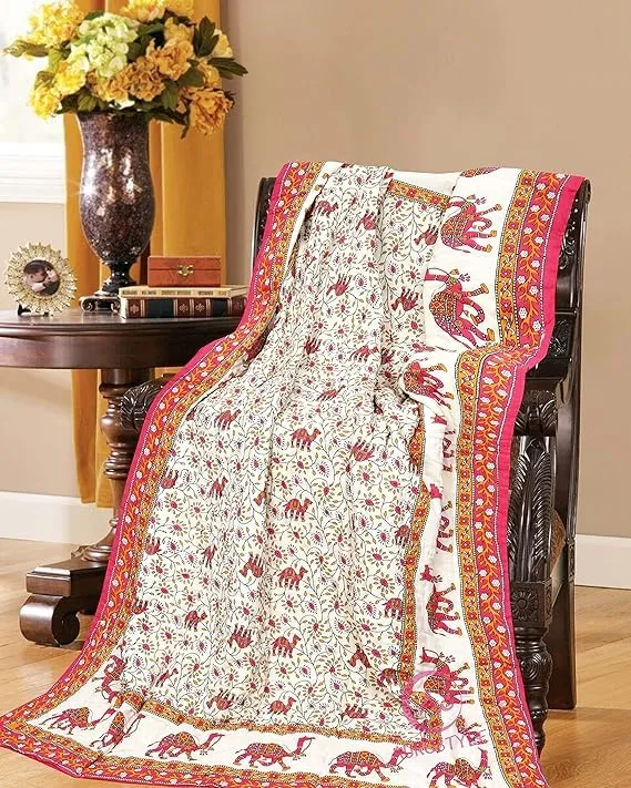 EMIOUR 400 TC Pure Cotton Traditional Jaipuri Design Printed Light Weight Single Bed Quilt/Razai/Rajai - 85 x 55 Inches