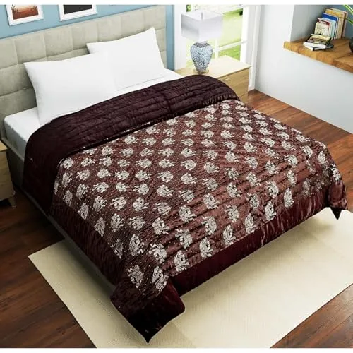 fashhub Rajasthani Cotton Filled Light Weight Silk Soft Jaipuri AC Quilt Dohar Over All Floral Print Design Blankets for Home (85x100 Inch,Brown Elephant Print, Double Bed)