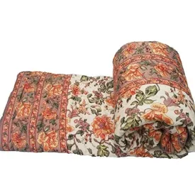 fashhub World Famous Jaipuri Light Weight Pure Cotton Traditional Rajasthani Print Multi Colour Single Bed Quilt/Razai/Rajai (Multi, Orange Mugal, Single Bed)