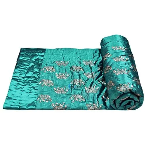 Indiafab Textiles Jaipuri Razai Rajasthani Traditional Silk Fabric Filling Pure Cotton Lightweight Winter and Summer Rajai Quilt Bedding Throw Blanket (Green Elephant Double Bed 90 X 108 INCHES)