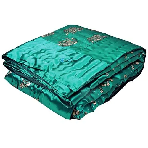 Indiafab Textiles Jaipuri Razai Rajasthani Traditional Silk Fabric Filling Pure Cotton Lightweight Winter and Summer Rajai Quilt Bedding Throw Blanket (Green Elephant Double Bed 90 X 108 INCHES)