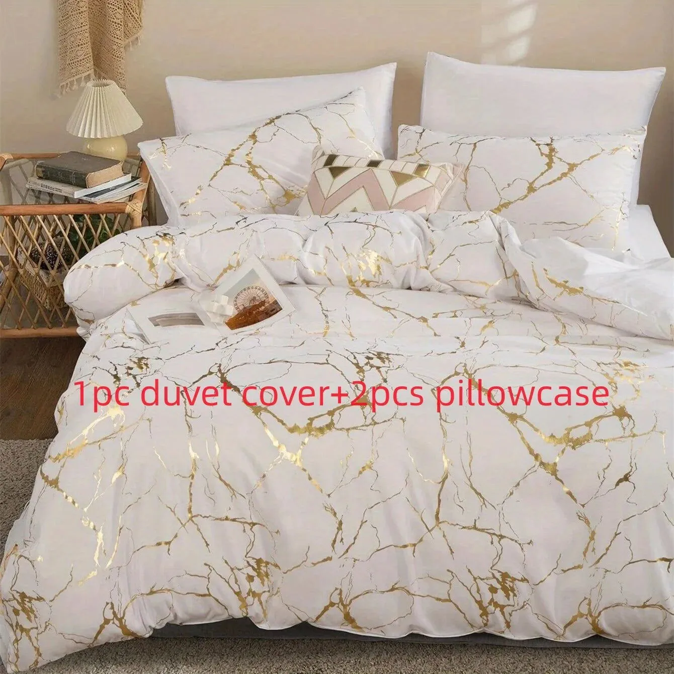 LovelyRLovely White Marble Printed 3pcs Duvet Set with Zipper Closure