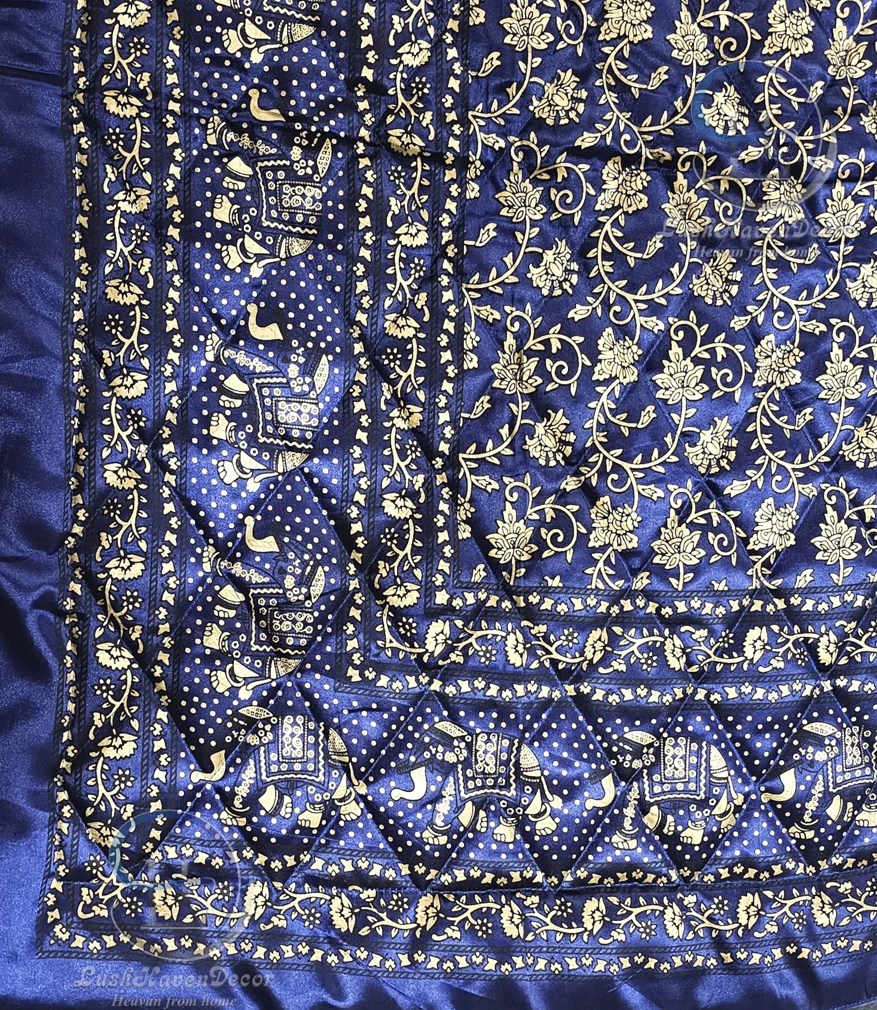 LushHavenDecor Rajasthani Cotton Filled Lightweight Silk Single Bed Jaipuri Razai Soft AC Quilt with Gold Print Blankets for Home (Size 55X85 inch), Blue