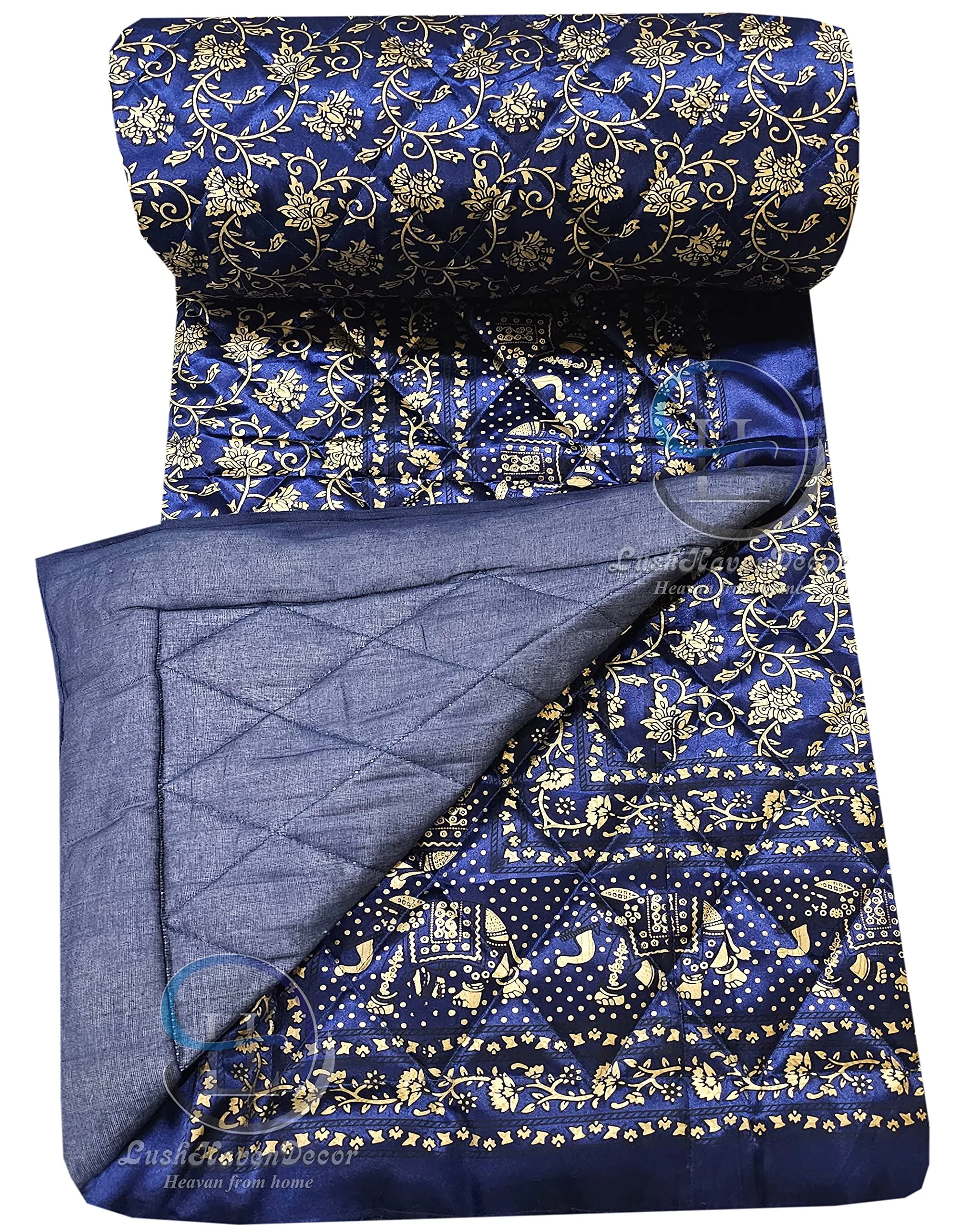 LushHavenDecor Rajasthani Cotton Filled Lightweight Silk Single Bed Jaipuri Razai Soft AC Quilt with Gold Print Blankets for Home (Size 55X85 inch), Blue