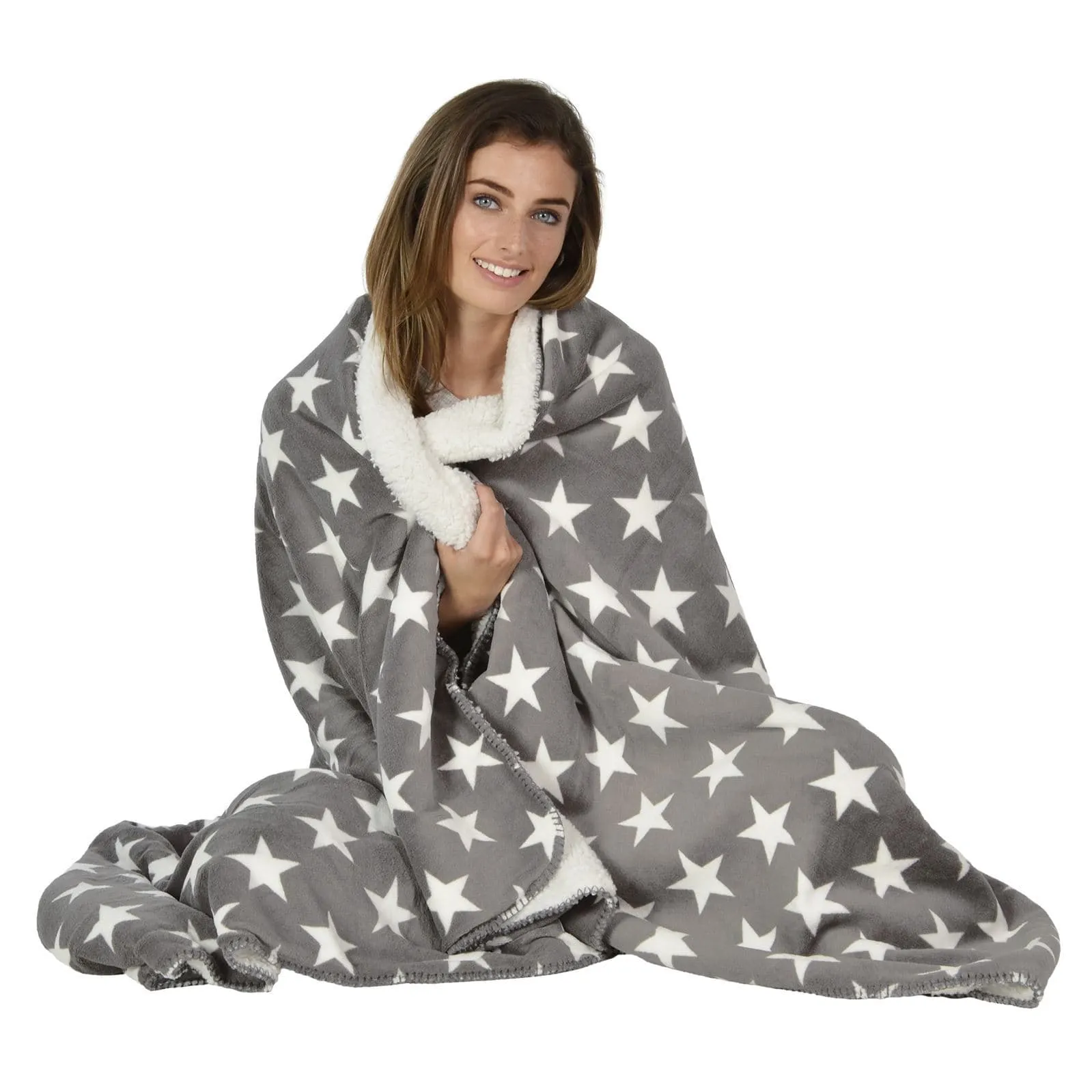 Luxury Double Layer Stars Sherpa Lined Fleece Blanket Sofa Bed Throw