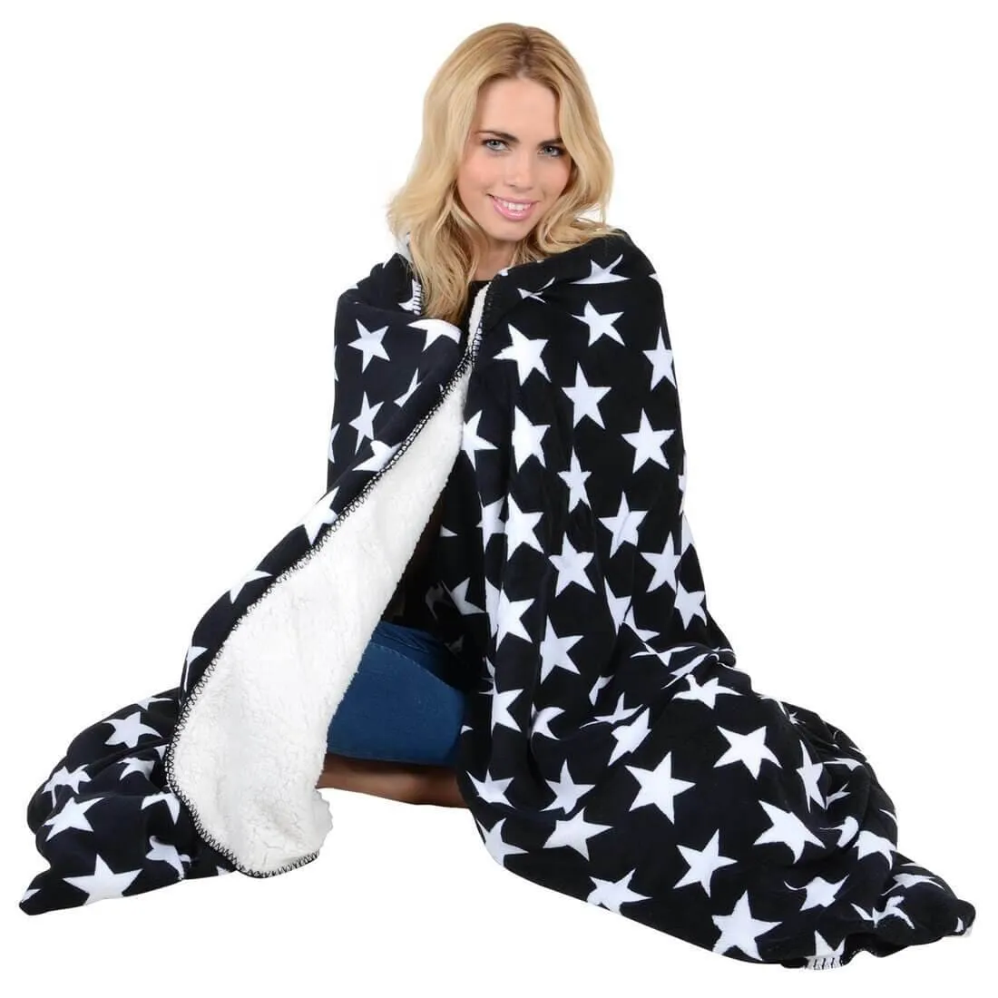 Luxury Double Layer Stars Sherpa Lined Fleece Blanket Sofa Bed Throw