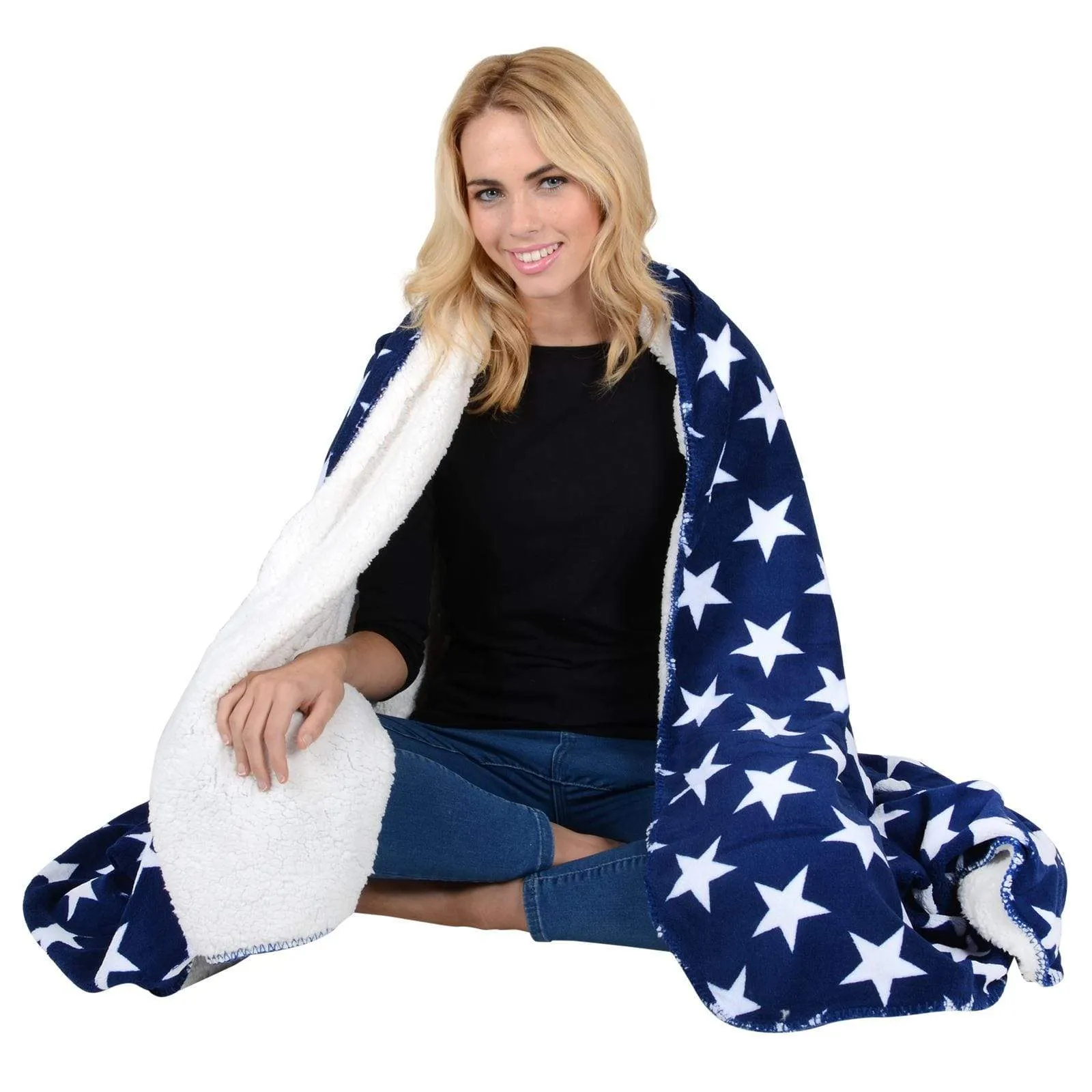 Luxury Double Layer Stars Sherpa Lined Fleece Blanket Sofa Bed Throw