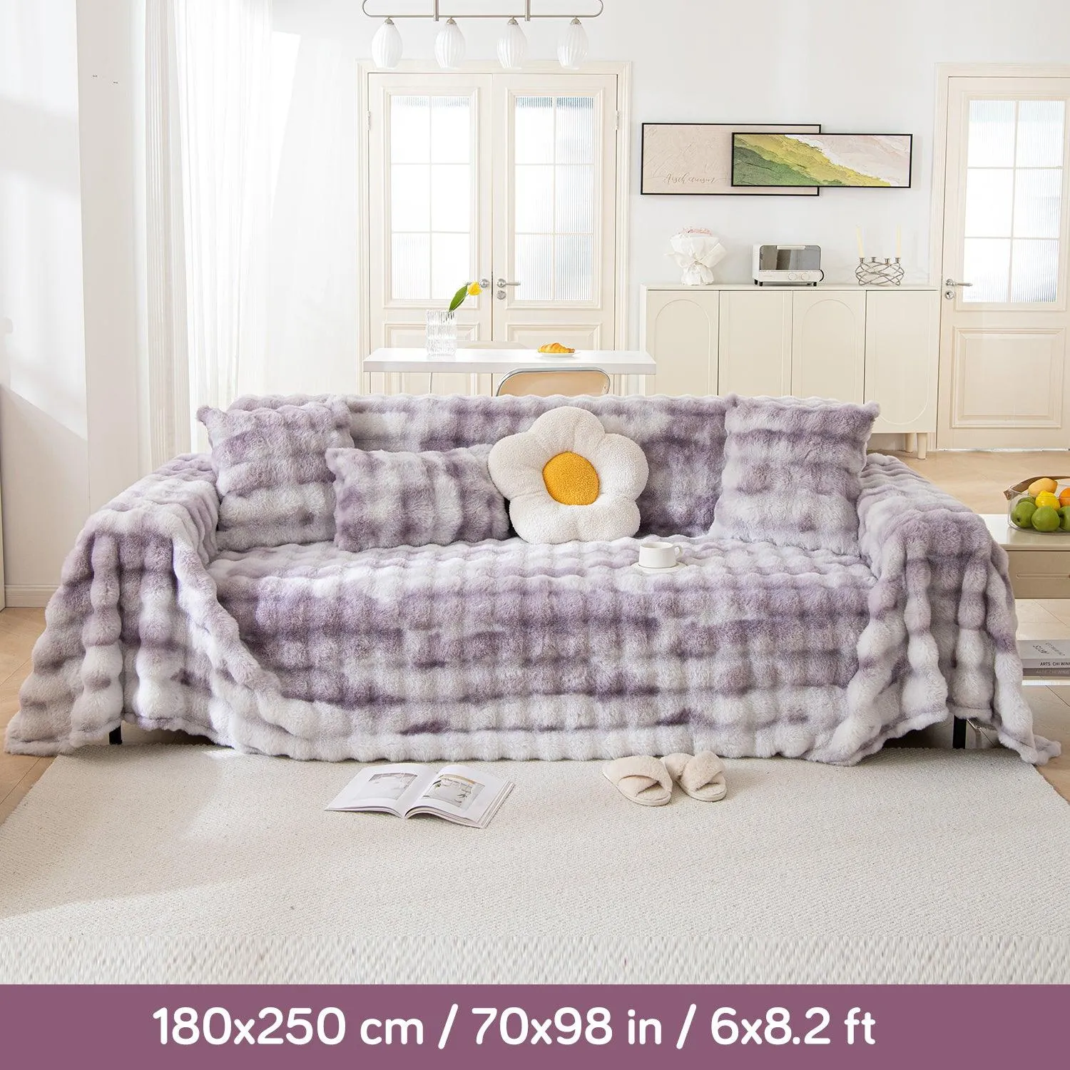 Luxury Gradient Faux Rabbit Wool Sofa Throw Fluffy Sofa Cover, Violet