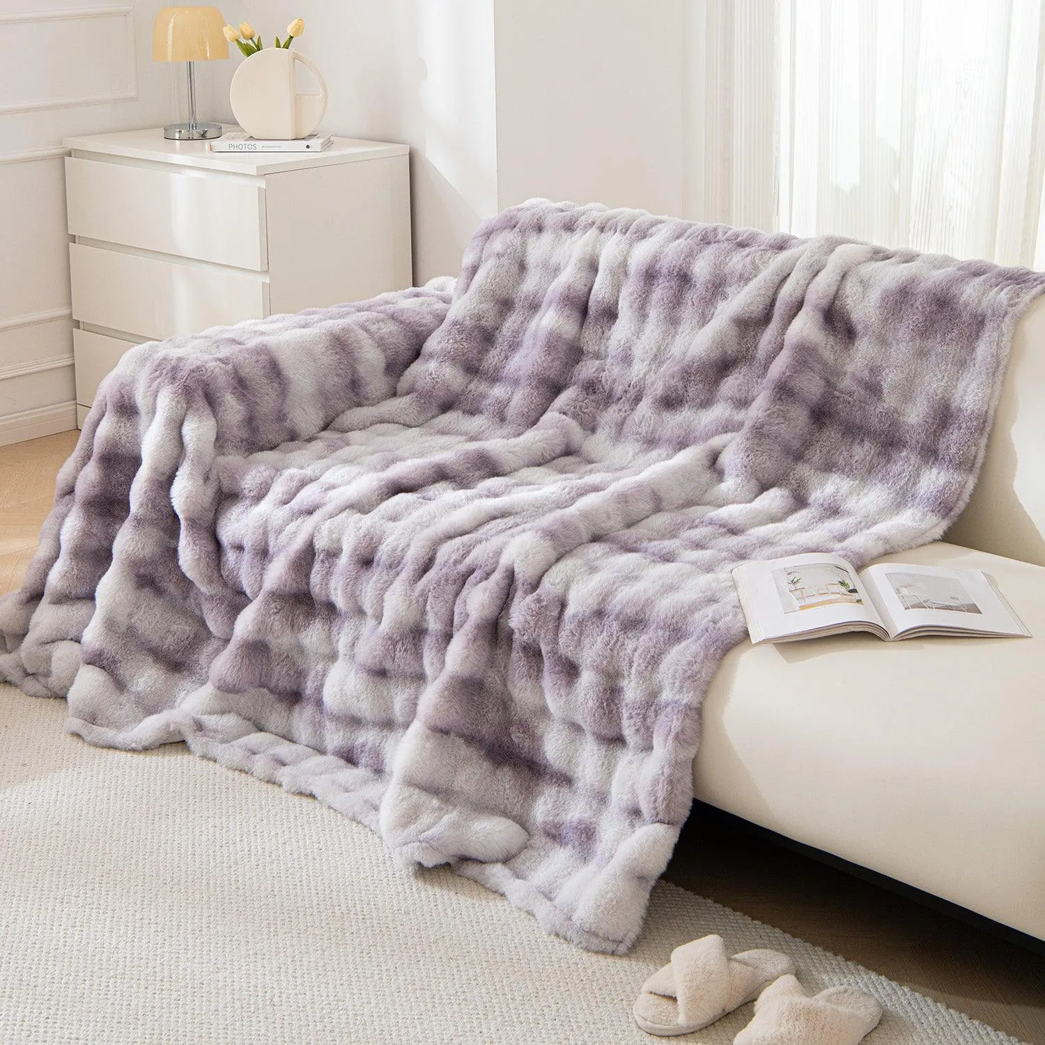 Luxury Gradient Faux Rabbit Wool Sofa Throw Fluffy Sofa Cover, Violet