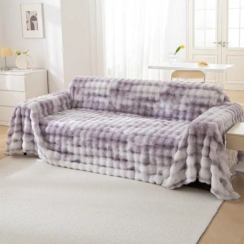 Luxury Gradient Faux Rabbit Wool Sofa Throw Fluffy Sofa Cover, Violet