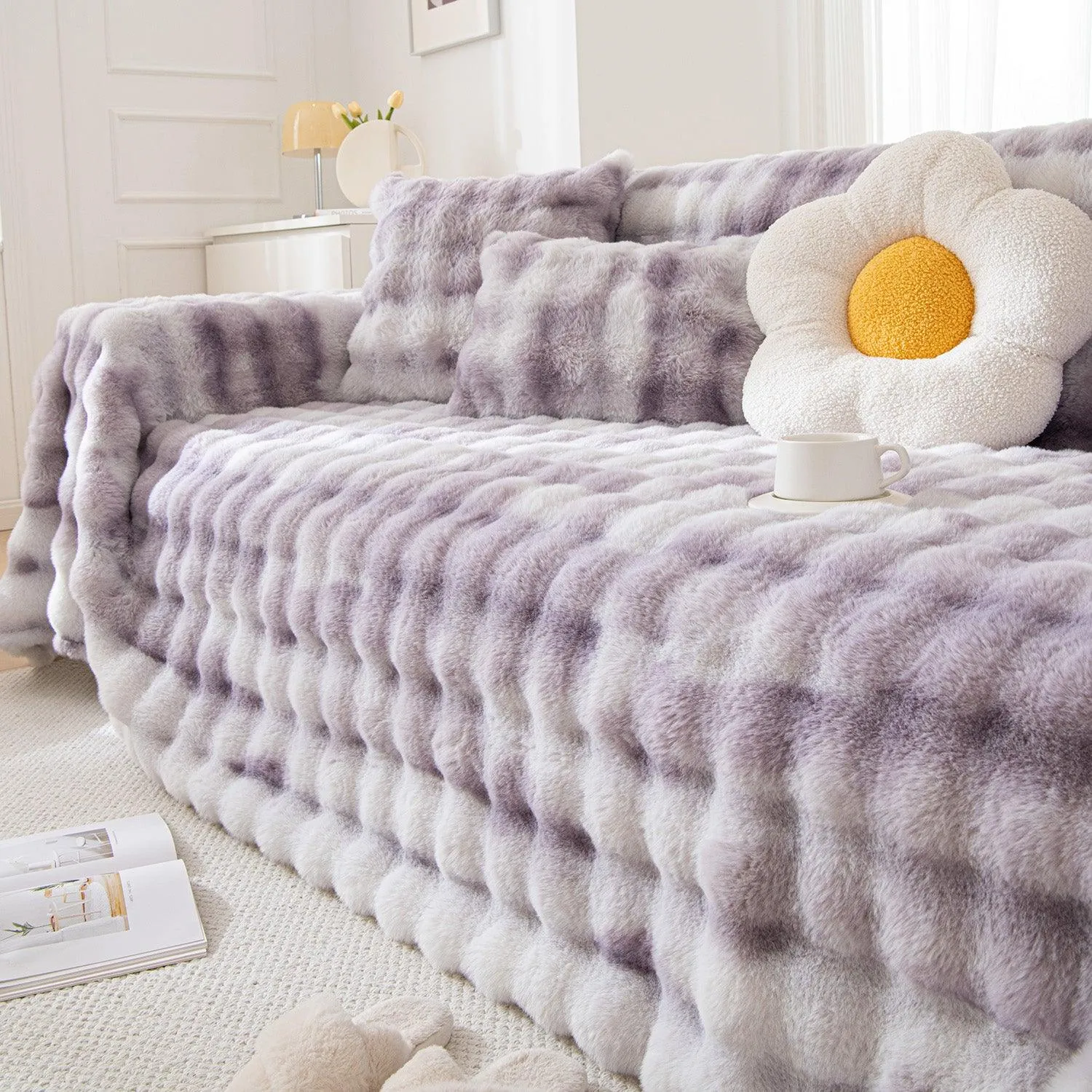 Luxury Gradient Faux Rabbit Wool Sofa Throw Fluffy Sofa Cover, Violet