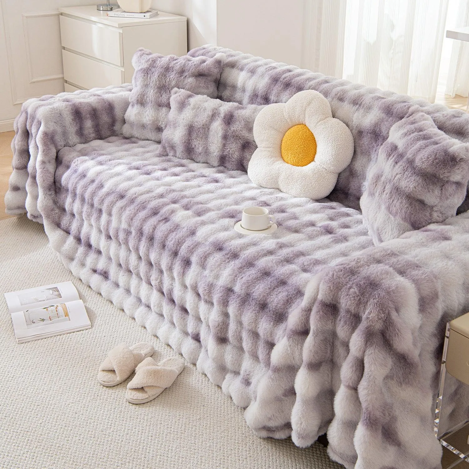 Luxury Gradient Faux Rabbit Wool Sofa Throw Fluffy Sofa Cover, Violet