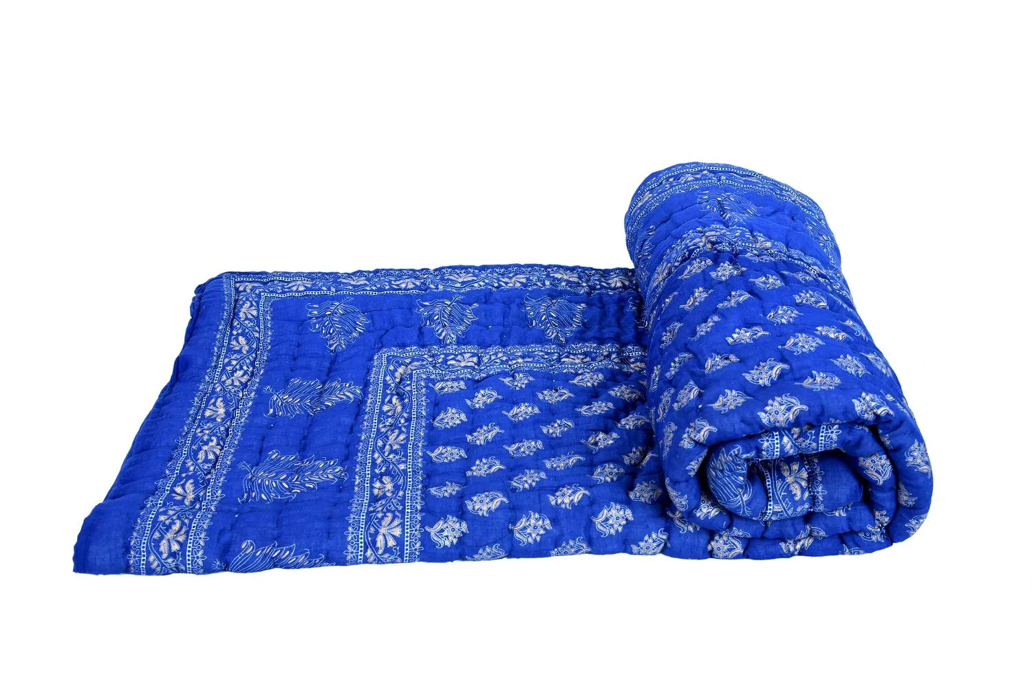 Namaste India QUILTS Silk RAZAI Gold Elephant Printed Double Bed Quilt (Blue)