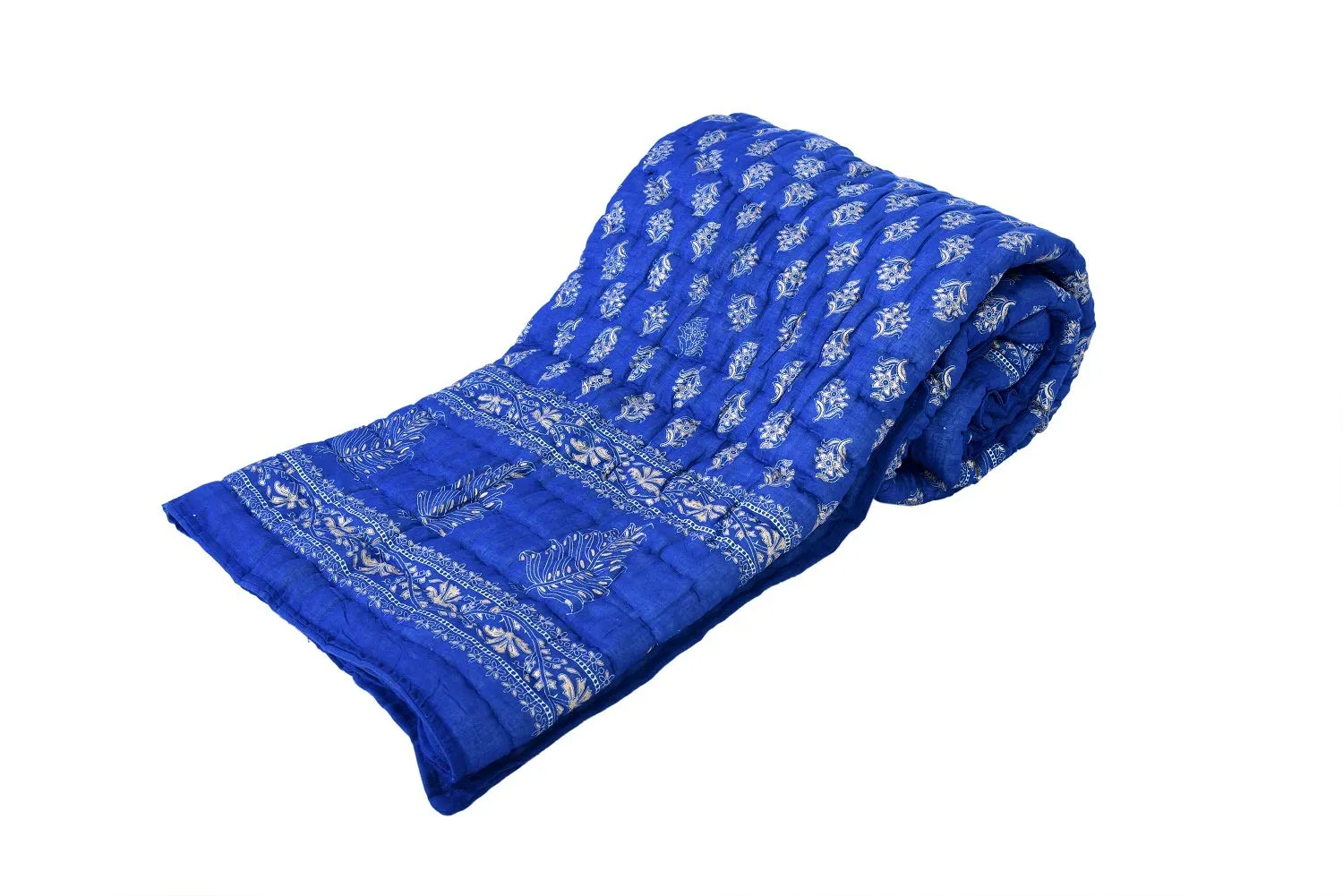 Namaste India QUILTS Silk RAZAI Gold Elephant Printed Double Bed Quilt (Blue)